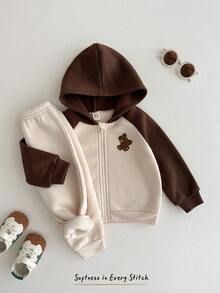 Cozy Pixies 2pcs Baby Boys Cartoon Bear Pattern Contrast Color Raglan Sleeve Jacket And Elastic Waist Thick Thermal Lined Pants Set, Suitable For Winter