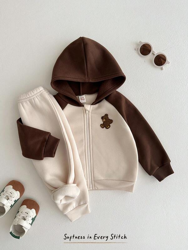 Cozy Pixies Conjunto de 2 piezas para bebé niño con chaqueta de manga raglán con estampado de oso de dibujos animados y contraste de color, y pantalones con cintura elástica y forro térmico grueso, adecuado para el invierno
