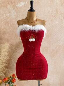Soleia 女士性感优雅节日连衣裙，闪光条纹纹理针织面料，毛茸茸的拼接，露肩胸部镂空褶饰，雪花毛绒球装饰，紧身迷你连衣裙，适合派对、晚会、性感约会、海滩度假、假日、下午茶、海滩、游轮、城市旅行、波西米亚风度假、音乐节，可内外穿着 - 酒紅色 - 查看 6