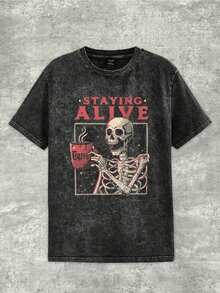 Y2Kool Eduely Camiseta de mujer de manga corta con cuello redondo holgado, estampado de calavera y letras, color negro, de algodón 100%, adecuada para verano, vacaciones, festivales, estilo Ibiza, ropa occidental, Halloween, otoño, Y2K, colección de ropa de estilo, atuendos de Año Nuevo