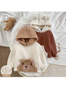 Loomiva 2pcs Baby Boy Cartoon Bear Pattern Contrast Color Fleece Hooded Long Sleeve Sweatshirt Set - Multicolor - View 1
