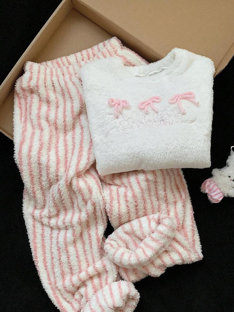 Comfortcana Camiseta de felpa de manga larga con cuello redondo y decoración de lazo para mujer, otoño/invierno - Blanco - Añade 1