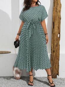 Vionelle 大码夏季休闲全身印花蝙蝠袖连衣裙，带褶边下摆，长款女装 - 綠色 - 查看 1