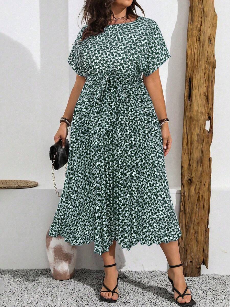 Vionelle 大码夏季休闲全身印花蝙蝠袖连衣裙，带褶边下摆，长款女装 - 綠色 - 查看 1