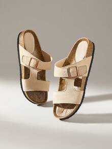 Solecia Women's Fashion Buckle Detail Flat Sandals, Summer Beach Vacation Slip-On Sandals - Apricot - View 3