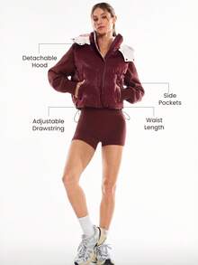 GLOWMODE 时尚温暖舒适光泽拉链按扣闭合松紧袖口腰长可拆卸兜帽羽绒背心秋冬户外日常休闲装 - 酒紅色 - 查看 2