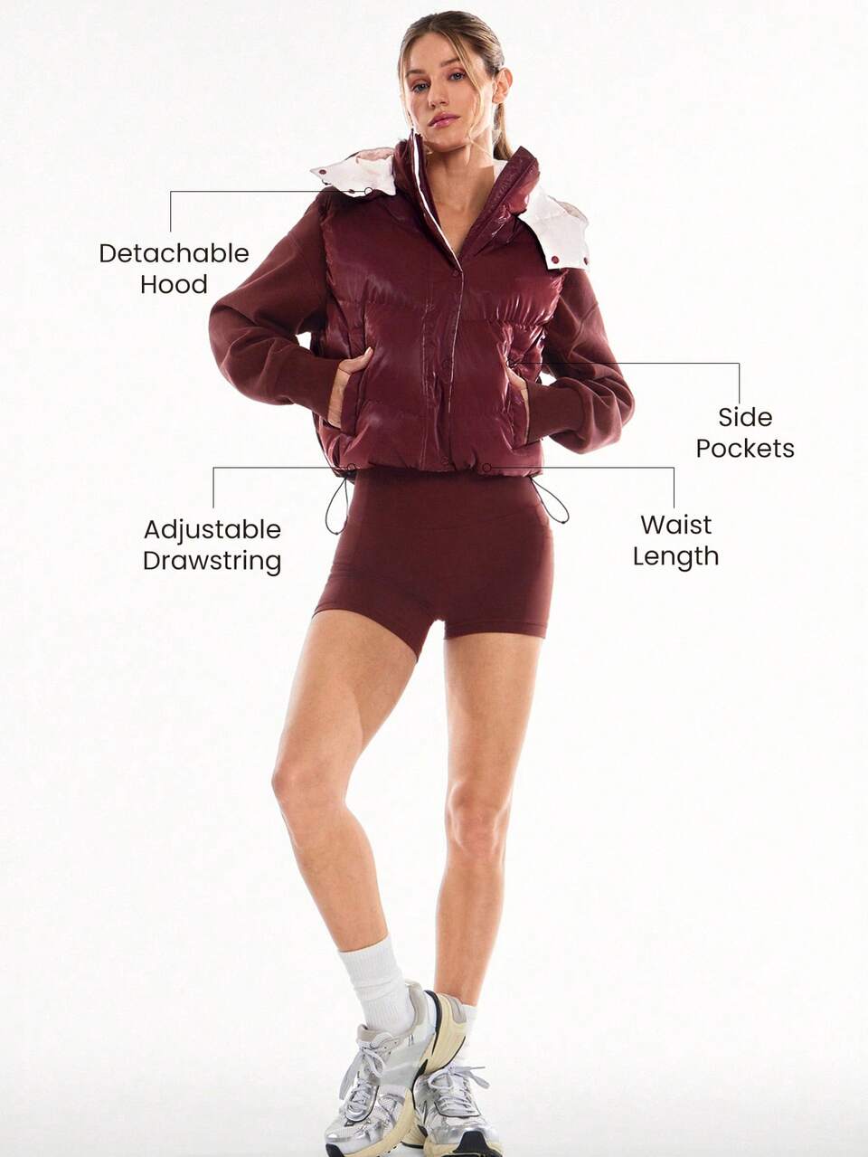 Chic In Warmth Cozy Up Glossy Zipper Snap Button Closure Elastic Cuffs Waist Length Detachable Hood Puffer Vest Outdoors