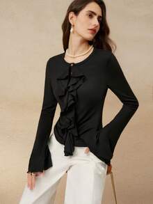 Cévolie 优雅法式黑色荷叶边喇叭袖上衣 - 黑色 - 查看 4