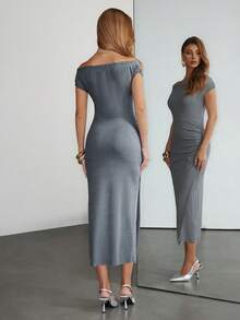 SHEIN Unity Women's Elegant Off-Shoulder High Slit Ruched Fitted Dress, Minimalist Solid Color Autumn Winter Women  Elegant Dress - Grey - View 1