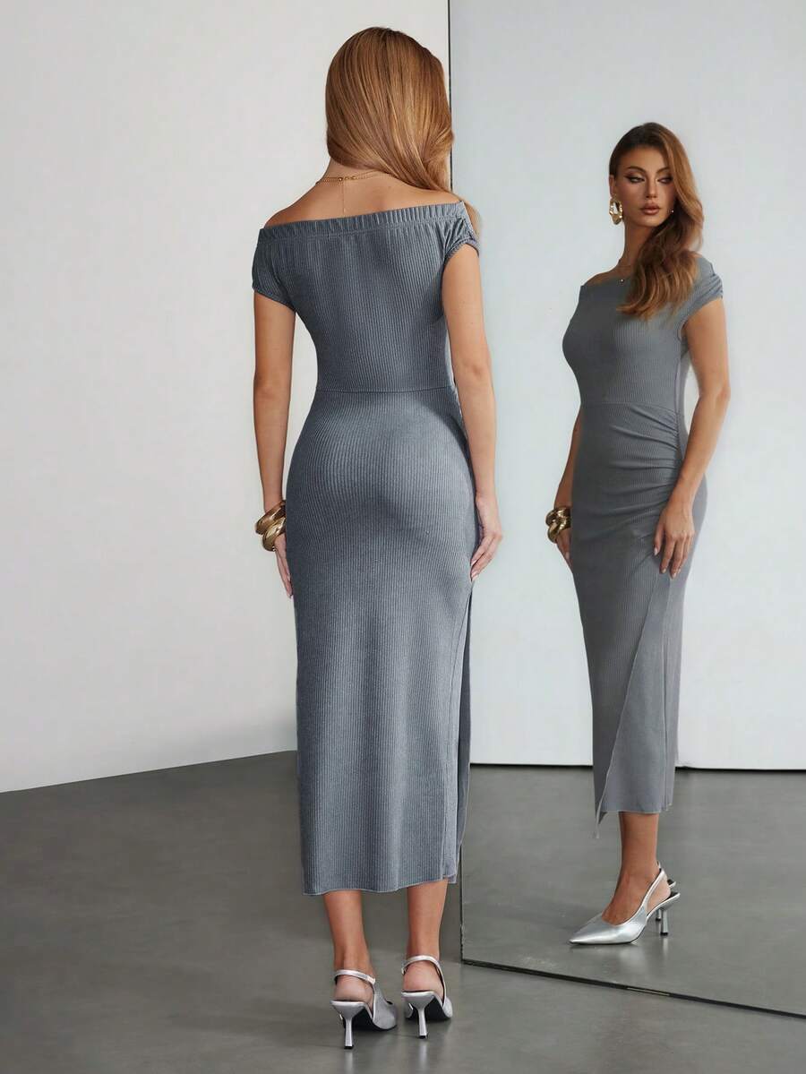 SHEIN Unity Women's Elegant Off-Shoulder High Slit Ruched Fitted Dress, Minimalist Solid Color Autumn Winter Women Elegant Dress - Grey - View 1