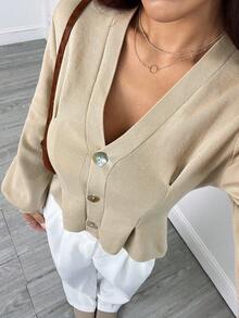 SHEIN PETITE Women's Light Brown Knit Sweater, Casual Elegant Version, Waist-Cinching Slimming, Suitable For Autumn/Winter Daily Wear,Thanksgiving - Brown - View 1