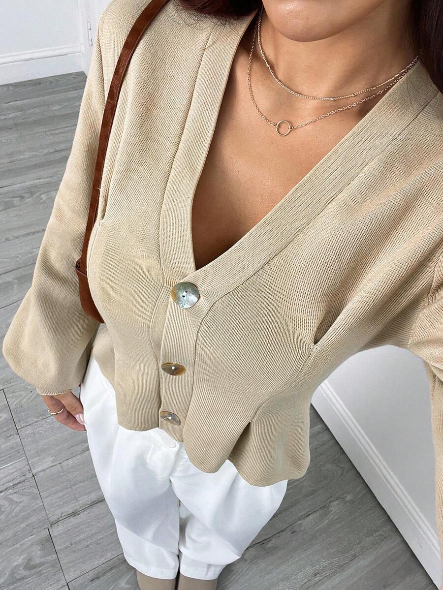 SHEIN PETITE Women's Light Brown Knit Sweater, Casual Elegant Version, Waist-Cinching Slimming, Suitable For Autumn/Winter Daily Wear,Thanksgiving - Brown - View 1