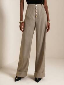 SHEIN Veneréa Fashionable & Versatile Metal Buckle Striped Wide Leg Pants - Khaki - View 4