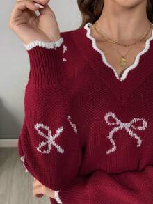 Easowa Women's V-Neck Drop Shoulder Long Sleeve Casual Bowknot Pattern Jacquard Knit Pullover Sweater,Burgundy,Autumn,School,Back-To-School Ugly Christmas - Multicolor - View 7