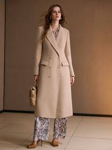 MOTF PREMIUM WOMEN'S DOUBLE-BREASTED LAPEL SLIM FIT LONG OVERCOAT, AUTUMN/WINTER - Khaki - View 3