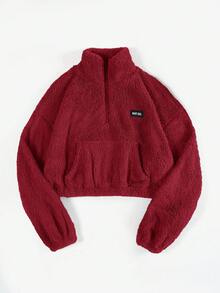 SHEIN EZwear 字母贴片细节口袋落肩泰迪熊运动衫，秋冬长袖上衣