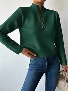 SHEIN Cottnline Women's Solid Color Half Zipper Sweater - Dark Green - View 5