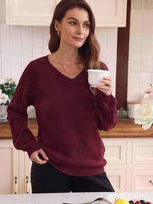 EMERY ROSE Elegant Burgundy Raglan Sleeve Solid Color V-Neck Long Sleeve Knit Pullover Sweater, Suitable For Commuting In Autumn/Winter - Burgundy - View 6