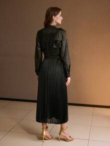 MOTF PREMIUM WOMEN'S STRIPED PRINT MOCK NECK BOW SHOULDER PLEATED HEM BELTED DRESS, AUTUMN/WINTER