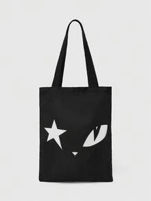 ROMWE Kawaii Reusable Canvas Tote Bag With Allover Print Eye/Moon/Star Pattern, Shoulder Bag Design Suitable For Shopping