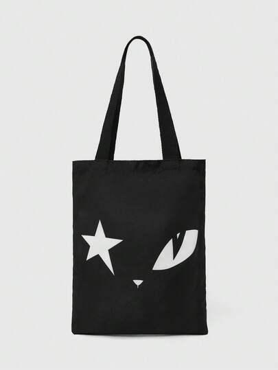 Kawaii Bolsa de lona reutilizable con estampado de ojo/luna/estrella en todo el diseño, bolso de hombro adecuado para ir de compras
