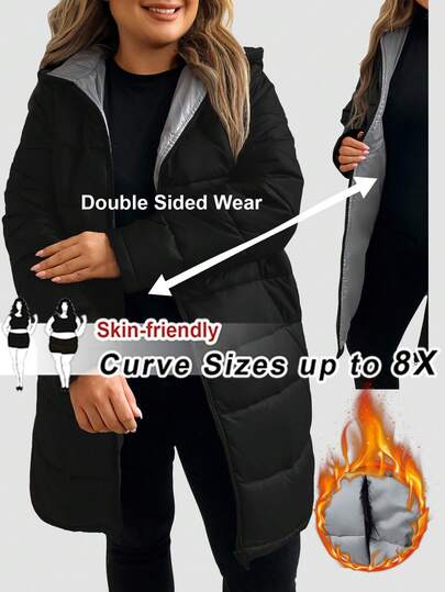 SHEIN CURVE+ Plusstorlek damjacka med vadderad tjock vinterjacka i kontrastfärg och huva