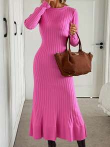 EURMUSE Casual Solid Color Rib Knit Maxi Maxi Button Detailed Cuffs Ruffle Hem Knit Dress For Women