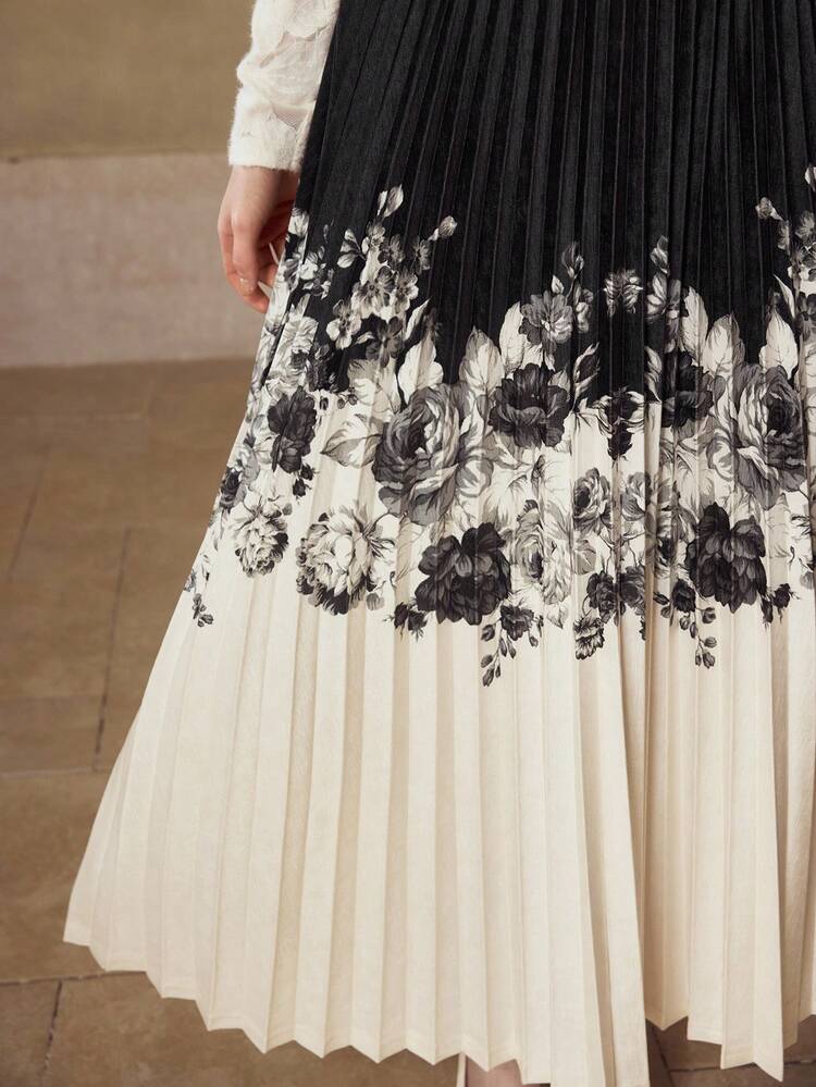 FLORAL PRINT COLORBLOCK PLEATED SKIRT