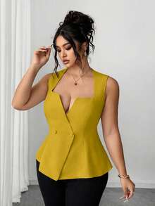 Elenzga 大码纯色双排扣紧身低领开衫，优雅时尚 - 芥末黃 - 查看 7