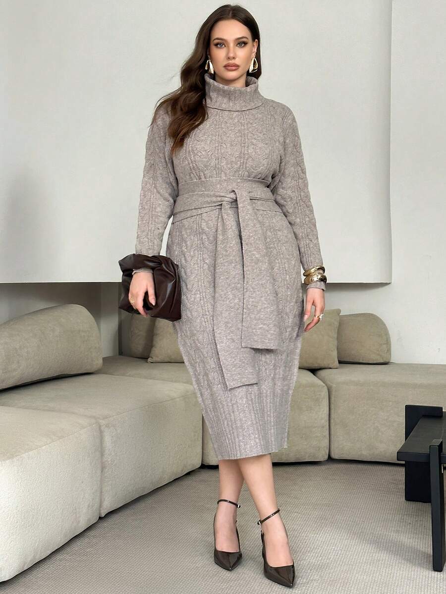 Modelyn Plus Size Women's High Neck Long Sleeve Casual Knit Sweater Dress - Khaki - View 1
