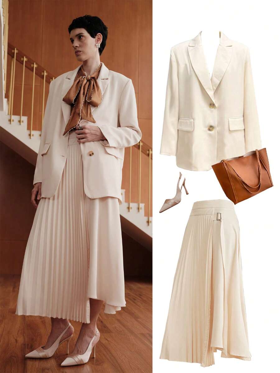 Uhlyne Uhlyne Women's Fashion Minimalist Buckle Detail Pleated Skirt - Apricot - View 1