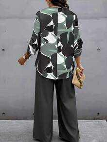 EMERY ROSE 2pcs Plus Size Women Casual Random Print Button Decorated Long Pants Set, Autumn/Winter - Multicolor - View 2