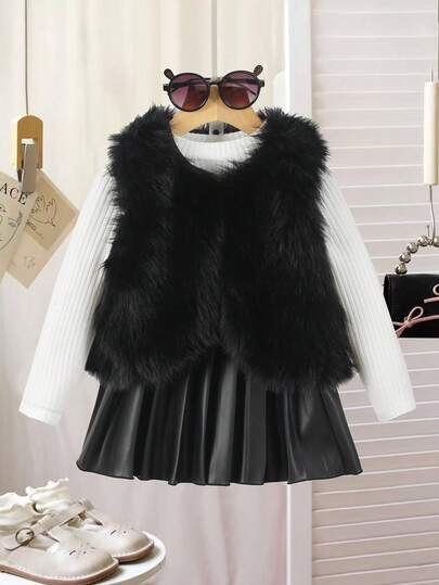 Elladie kids 3 件套女童黑色蓬松背心外套、针织长袖上衣和 PU 皮革迷你裙套装，适合旅行、上学、郊游、街拍、户外日常穿着