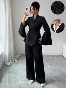 Elenzga Conjunto de traje de mujer con blazer de manga larga con cuello alto, cintura ceñida y dobladillo en línea A, y pantalones rectos de pierna ancha de unicolor, elegante, de moda, casual, encantador, retro, minimalista, de alta gama, romántico y apropiado para vacaciones - Negro - Ver 6