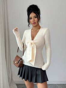 SHEIN Unity Women's Elegant Commuter Bow Front Fitted Sweater - Beige - View 1