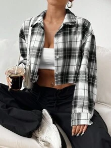 Comfortcana Plus Size Vintage Plaid Loose Fit Drop Shoulder Long Sleeve Short Casual Shirt, Autumn/Winter