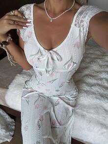 CottageSlumber Tulip Pattern Cuff Lace Trim Comfortable Casual Women Nightgown - White - View 4