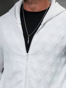 Manfinity CasualCool Men's Casual Everyday Commute Simple Versatile Solid Color Diamond Textured Fabric Zip-Up Hooded Fleece Sweatshirt, Autumn White Long Sleeve Top - White - View 7