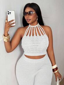 Maweii 大码女式毛衣纯色浅粉色，扭绳，珍珠项链，性感修身，优雅，派对女式上衣，高端设计感，短款针织上衣，秋冬，女式外套，女装斯堪的纳维亚派对针织镂空Y2K派对上衣闪光针织 - 白色 - 查看 4