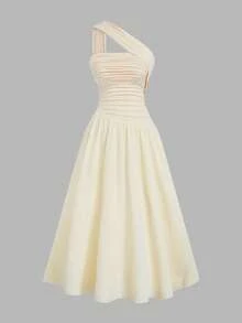 Sweetra 女士不对称下摆无袖A字连衣裙，法式优雅风格，适合初秋 - 杏色 - 查看 1