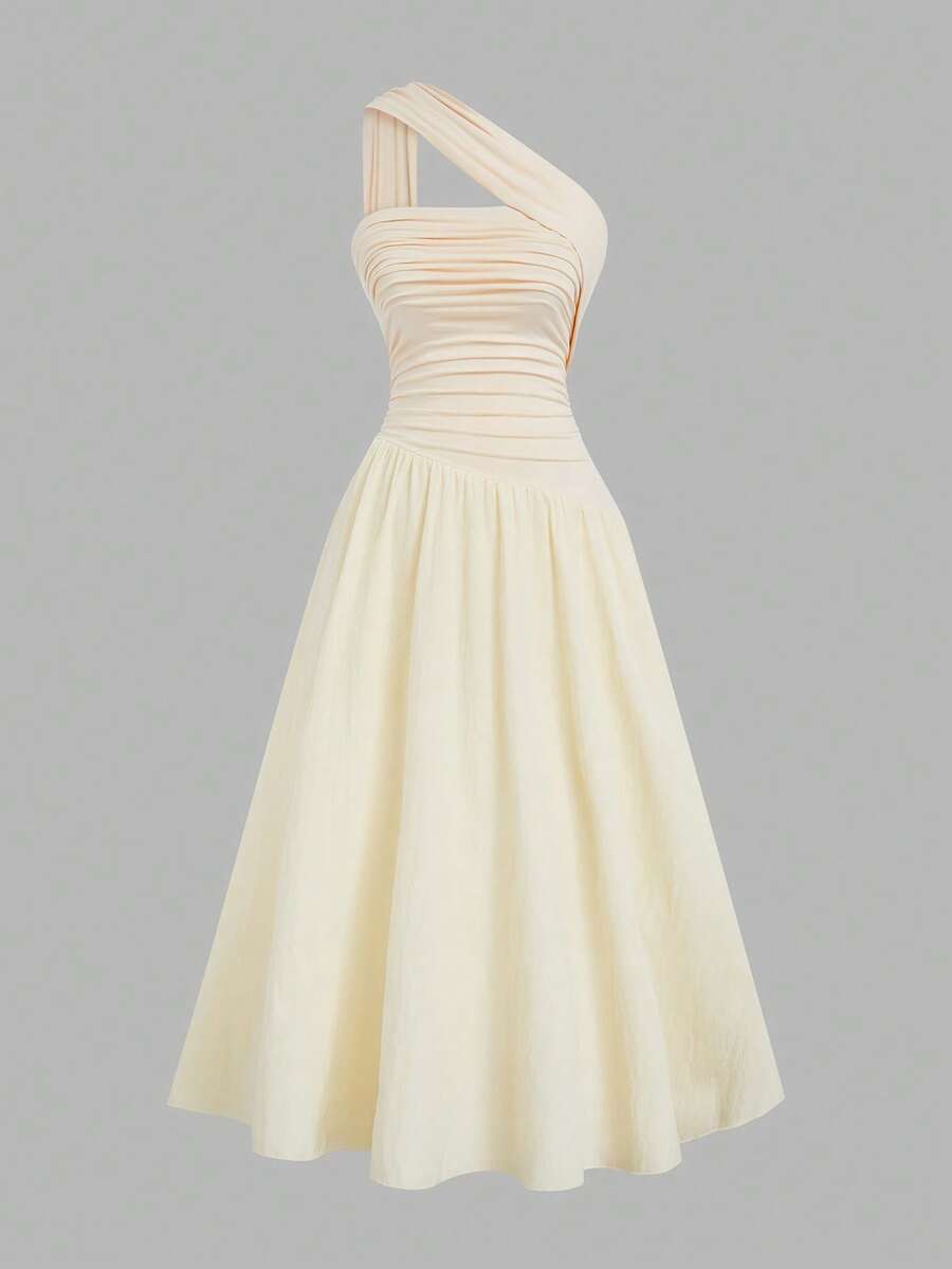 Sweetra 女士不对称下摆无袖A字连衣裙，法式优雅风格，适合初秋 - 杏色 - 查看 1