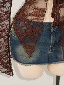 SHEIN ICON Cardigan à manches longues en dentelle bordeaux transparent, style sexy, twist devant, convenant aux femmes de grande taille, style western, country, concert, boho, hippie, goth. Idéal pour Halloween - Tabac - Voir 5