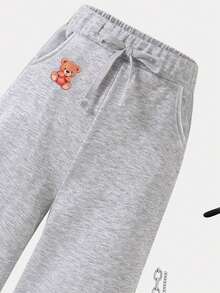 SHEIN Sparklyn Dziewczęce (dorosłe nastolatki) spodnie dresowe, minimalistyczny wzór z logo, kontrastowe kolory, ozdobna kieszeń, dzianinowe spodnie dresowe z kapturem, luźne, szerokie nogawki, długie - Szary - Zobacz 6