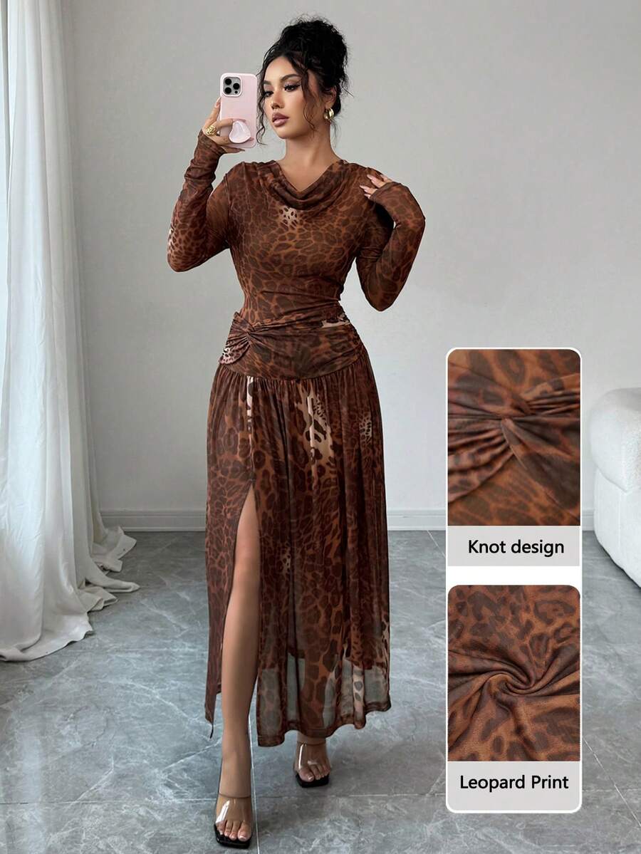 Modelyn Women's Elegant Leopard Print Slit Dress, Fashion & Stylish, Autumn/Winter - Coffee Brown - View 1