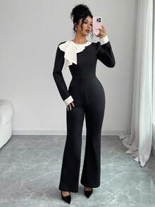 Rafferiza Tuta elegante da donna a maniche lunghe, con vita arricciata, in stile casual europeo e americano, con patchwork color albicocca e fiocco - nero - Visualizzare 7