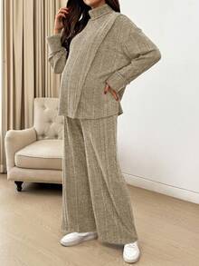 SHEIN 2件套孕妇休闲高领长袖上衣和裤子套装，秋季 - 杏色 - 查看 3