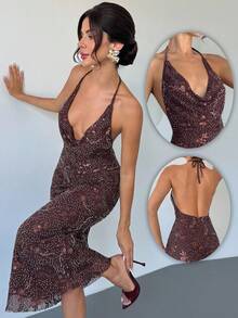 Firerie 女士新款亮片深 V 领收腰露背性感派对美人鱼长裙，性感亮片礼服，适合派对、婚礼、宴会、春夏、初秋、性感、约会、聚会、宴会、年会、婚礼季、毕业典礼、毕业舞会、表演服、音乐会、女士生日礼服、茶会 - 咖啡棕 - 查看 2