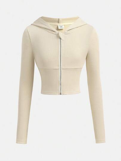 SHEIN Girlism 女童纯杏色罗纹针织拉链连帽腰长袖休闲外套夹克运动衫秋冬女童服装