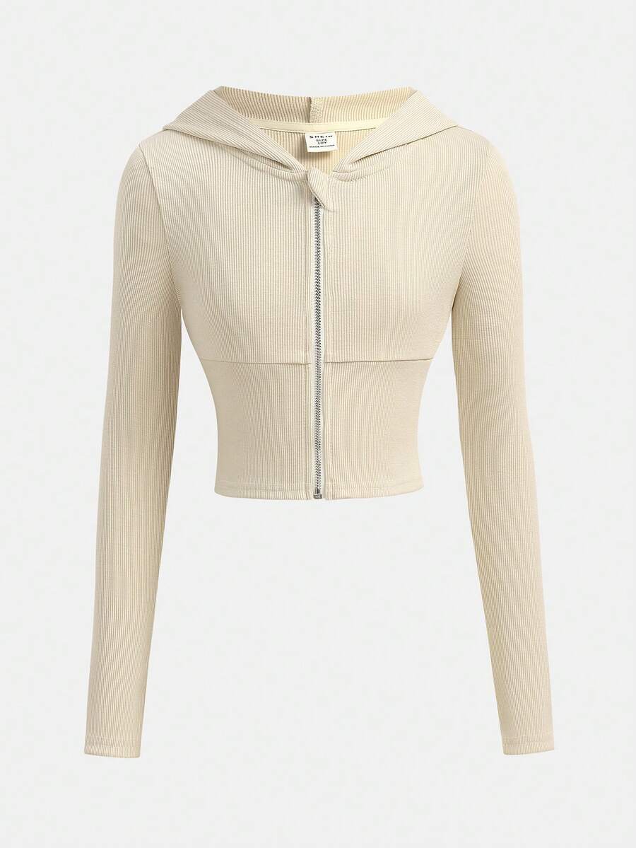 SHEIN Girlism Tween Girls Solid Apricot Ribbed Knit Zip-Up Hooded Waist Long Sleeve Casual Outwear Jacket Sweatshirts Autumn Winter Clothes For Girl - Apricot - View 1