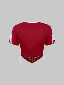 ROMWE Avant 女式性感瑜伽芭蕾女孩蕾丝拼布数字刺绣紧身T恤 - 紅色 - 查看 2